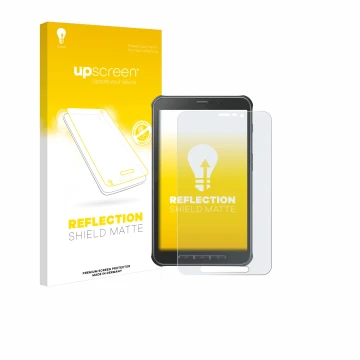 Face avant d’un emballage produit avec le logo de la marque upscreen. À côté, l’appareil Samsung Galaxy Tab Active SM-T365 est