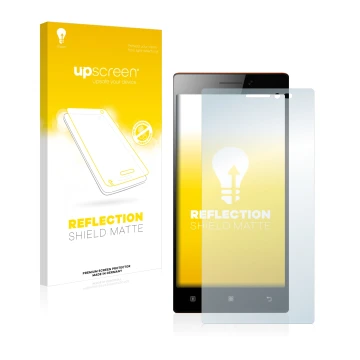 Face avant d’un emballage produit avec le logo de la marque upscreen. À côté, l’appareil Lenovo Vibe X2 est représenté avec la