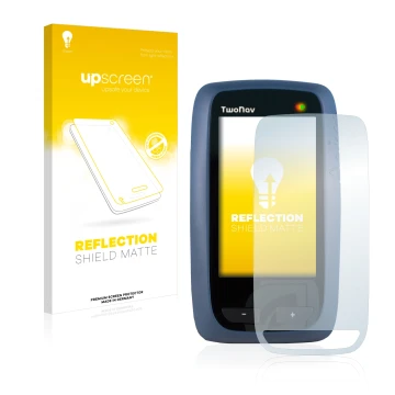 Face avant d’un emballage produit avec le logo de la marque upscreen. À côté, l’appareil CompeGPS TwoNav Anima est représenté 