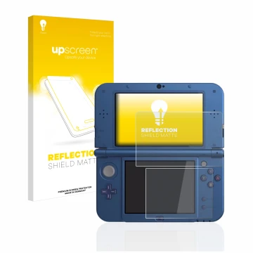 Face avant d’un emballage produit avec le logo de la marque upscreen. À côté, l’appareil Nintendo New 3DS XL est représenté av