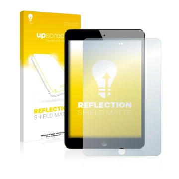 Face avant d’un emballage produit avec le logo de la marque upscreen. À côté, l’appareil Apple iPad Mini 3 2014 est représenté