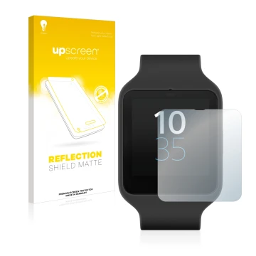 Face avant d’un emballage produit avec le logo de la marque upscreen. À côté, l’appareil Sony Smartwatch 3 SWR50 est représent