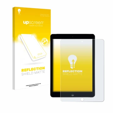 Face avant d’un emballage produit avec le logo de la marque upscreen. À côté, l’appareil Apple iPad Air 2 2014 est représenté 