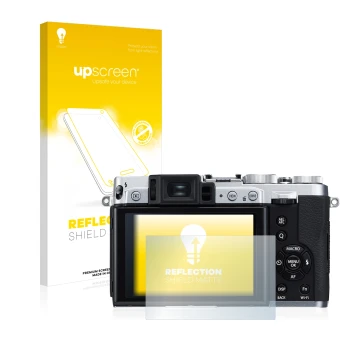 Face avant d’un emballage produit avec le logo de la marque upscreen. À côté, l’appareil Fujifilm X30 est représenté avec la p