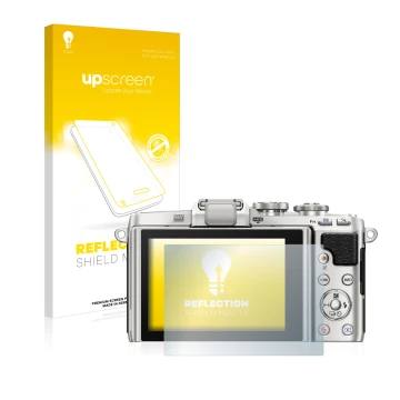 Face avant d’un emballage produit avec le logo de la marque upscreen. À côté, l’appareil Olympus PEN E-PL7 est représenté avec