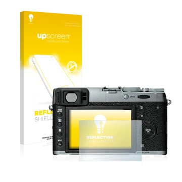 Face avant d’un emballage produit avec le logo de la marque upscreen. À côté, l’appareil Fujifilm X100T est représenté avec la