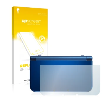 Face avant d’un emballage produit avec le logo de la marque upscreen. À côté, l’appareil Nintendo New 3DS XL (boîtier) est rep