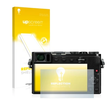 Face avant d’un emballage produit avec le logo de la marque upscreen. À côté, l’appareil Panasonic Lumix DMC-GM5 est représent