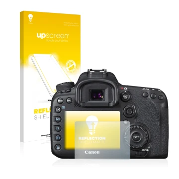 Face avant d’un emballage produit avec le logo de la marque upscreen. À côté, l’appareil Canon EOS 7D Mark II est représenté a