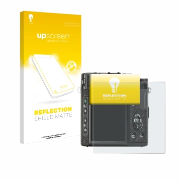 Face avant d’un emballage produit avec le logo de la marque upscreen. À côté, l’appareil Fujifilm X10 est représenté avec la p