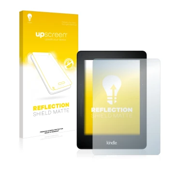 Face avant d’un emballage produit avec le logo de la marque upscreen. À côté, l’appareil Amazon Kindle Voyage est représenté a