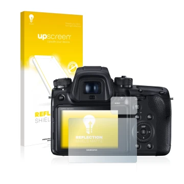 Face avant d’un emballage produit avec le logo de la marque upscreen. À côté, l’appareil Samsung NX1 est représenté avec la pr