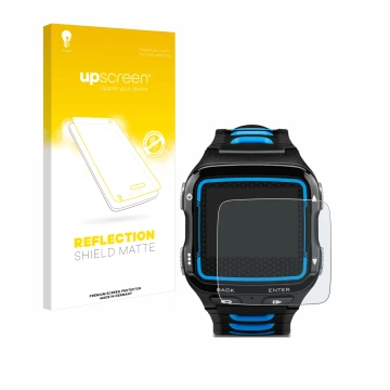 Face avant d’un emballage produit avec le logo de la marque upscreen. À côté, l’appareil Garmin Forerunner 920XT est représent