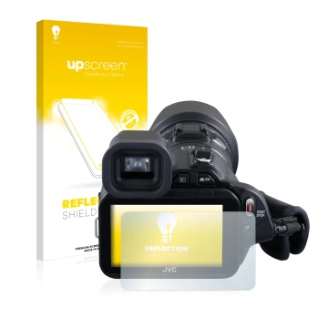 Face avant d’un emballage produit avec le logo de la marque upscreen. À côté, l’appareil JVC GC-PX100BEU est représenté avec l