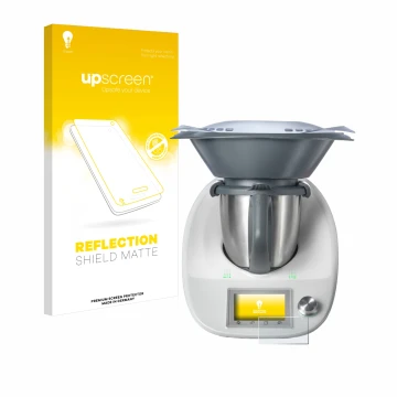 Face avant d’un emballage produit avec le logo de la marque upscreen. À côté, l’appareil Vorwerk Thermomix TM5 est représenté 