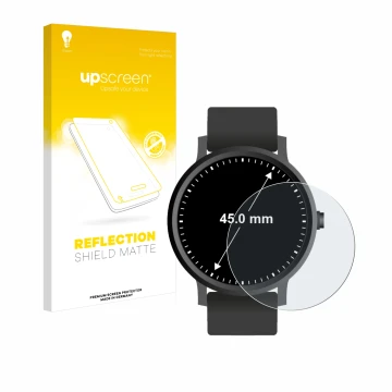 Face avant d’un emballage produit avec le logo de la marque upscreen. À côté, l’appareil Montres (Circulaire, ø: 45 mm) est re