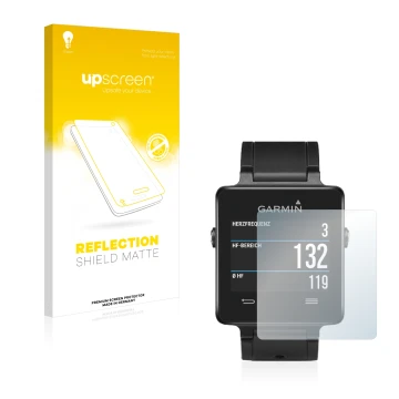 Face avant d’un emballage produit avec le logo de la marque upscreen. À côté, l’appareil Garmin vivoactive est représenté avec