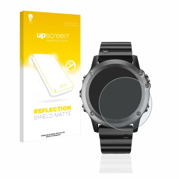 Face avant d’un emballage produit avec le logo de la marque upscreen. À côté, l’appareil Garmin Fenix 3 est représenté avec la