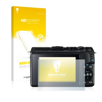 Face avant d’un emballage produit avec le logo de la marque upscreen. À côté, l’appareil Canon EOS M3 est représenté avec la p