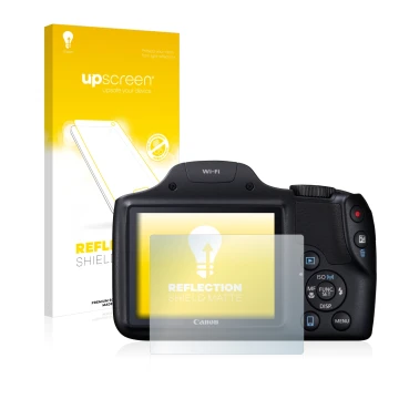 Face avant d’un emballage produit avec le logo de la marque upscreen. À côté, l’appareil Canon PowerShot SX530 HS est représen