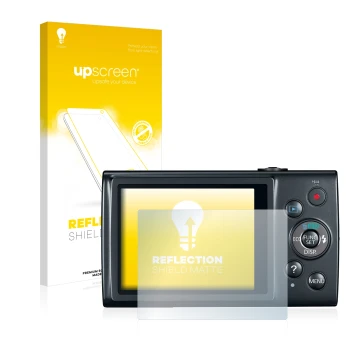 Face avant d’un emballage produit avec le logo de la marque upscreen. À côté, l’appareil Canon IXUS 170 est représenté avec la