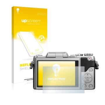 Face avant d’un emballage produit avec le logo de la marque upscreen. À côté, l’appareil Panasonic Lumix DMC-GF7 est représent