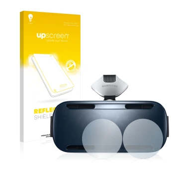 Face avant d’un emballage produit avec le logo de la marque upscreen. À côté, l’appareil Samsung Gear VR est représenté avec l