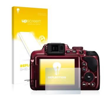 Face avant d’un emballage produit avec le logo de la marque upscreen. À côté, l’appareil Nikon Coolpix P610 est représenté ave