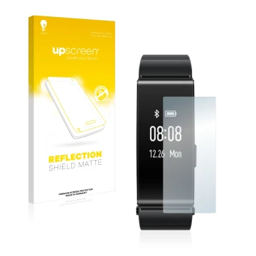 Face avant d’un emballage produit avec le logo de la marque upscreen. À côté, l’appareil Huawei TalkBand B2 est représenté ave