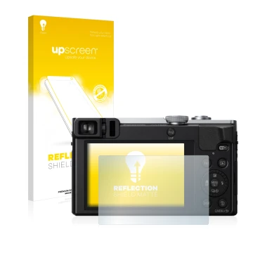 Face avant d’un emballage produit avec le logo de la marque upscreen. À côté, l’appareil Panasonic Lumix DMC-TZ70 est représen