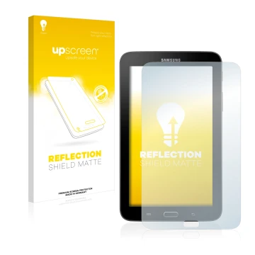 Face avant d’un emballage produit avec le logo de la marque upscreen. À côté, l’appareil Samsung Galaxy Tab 3 SM-T113 est repr