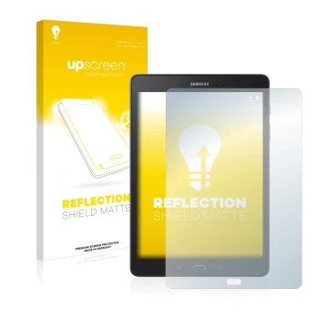 Face avant d’un emballage produit avec le logo de la marque upscreen. À côté, l’appareil Samsung Galaxy Tab A 9.7 est représen