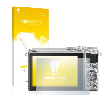 Face avant d’un emballage produit avec le logo de la marque upscreen. À côté, l’appareil Nikon 1 J5 est représenté avec la pro