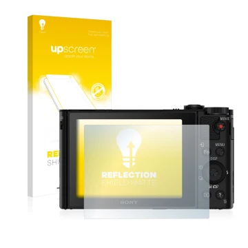 Face avant d’un emballage produit avec le logo de la marque upscreen. À côté, l’appareil Sony Cyber-Shot DSC-HX90V est représe