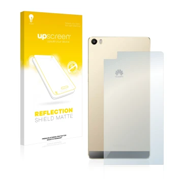 Face avant d’un emballage produit avec le logo de la marque upscreen. À côté, l’appareil Huawei P8 Max (Arrière) est représent