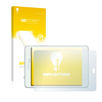 Face avant d’un emballage produit avec le logo de la marque upscreen. À côté, l’appareil Samsung Galaxy Tab A 8.0 est représen