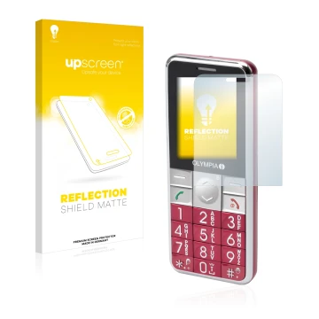 Face avant d’un emballage produit avec le logo de la marque upscreen. À côté, l’appareil Olympia Viva Plus est représenté avec