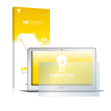 Face avant d’un emballage produit avec le logo de la marque upscreen. À côté, l’appareil Apple MacBook Air 11