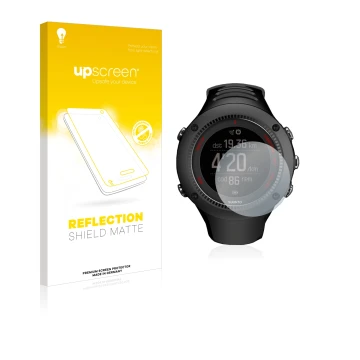 Face avant d’un emballage produit avec le logo de la marque upscreen. À côté, l’appareil Suunto Ambit3 Run Black est représent