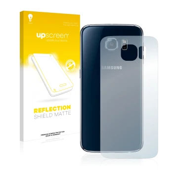 Face avant d’un emballage produit avec le logo de la marque upscreen. À côté, l’appareil Samsung SM-G920F (Arrière) est représ