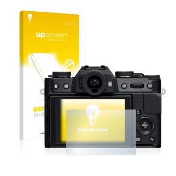 Face avant d’un emballage produit avec le logo de la marque upscreen. À côté, l’appareil Fujifilm X-T10 est représenté avec la