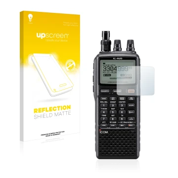 Face avant d’un emballage produit avec le logo de la marque upscreen. À côté, l’appareil Icom IC-R20 est représenté avec la pr