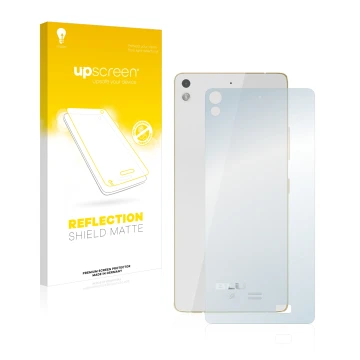 Face avant d’un emballage produit avec le logo de la marque upscreen. À côté, l’appareil BLU Vivo Air (Arrière) est représenté