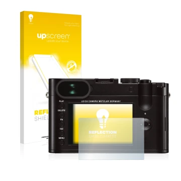 Face avant d’un emballage produit avec le logo de la marque upscreen. À côté, l’appareil Leica Q (Typ 116) est représenté avec