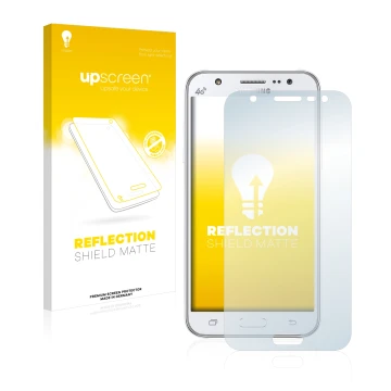 Face avant d’un emballage produit avec le logo de la marque upscreen. À côté, l’appareil Samsung Galaxy J5 2015 est représenté