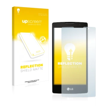 Face avant d’un emballage produit avec le logo de la marque upscreen. À côté, l’appareil LG Logos est représenté avec la prote
