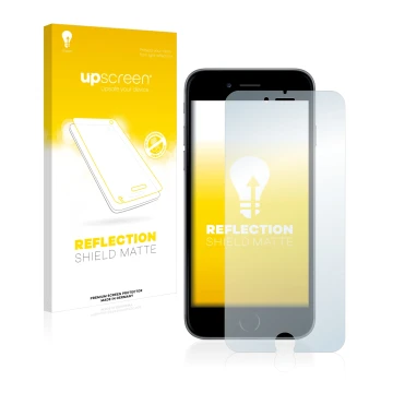 Face avant d’un emballage produit avec le logo de la marque upscreen. À côté, l’appareil Apple iPhone 6S Plus est représenté a