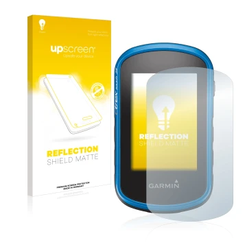 Face avant d’un emballage produit avec le logo de la marque upscreen. À côté, l’appareil Garmin eTrex Touch 25 est représenté 