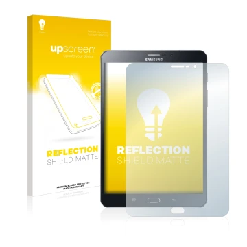Face avant d’un emballage produit avec le logo de la marque upscreen. À côté, l’appareil Samsung Galaxy Tab Tab S2 8.0 LTE est