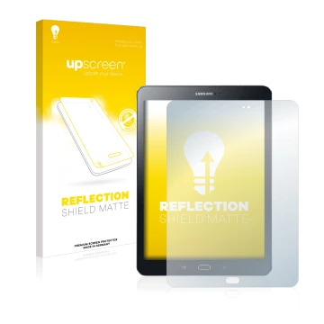 Face avant d’un emballage produit avec le logo de la marque upscreen. À côté, l’appareil Samsung Galaxy Tab S2 9.7 est représe